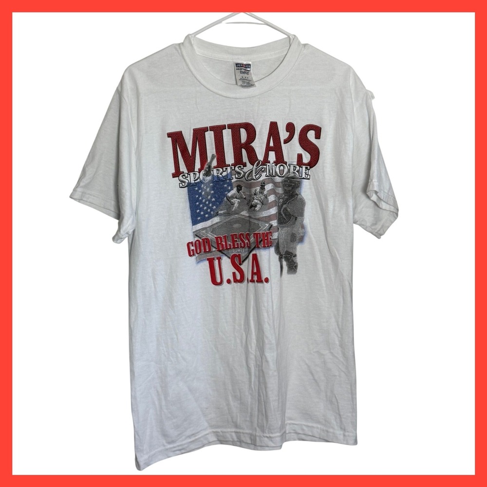 Jerzees Mens White Baseball Graphic T-Shirt God Bless The USA Mothers Day Medium